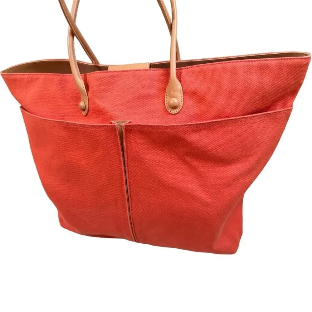 TUSK ITALIAN ORANGE BLUSH CANVAS TOTE HUGE W LARGE FRONT POCKETS, LEATHER STRAPS - Picture 2 of 11